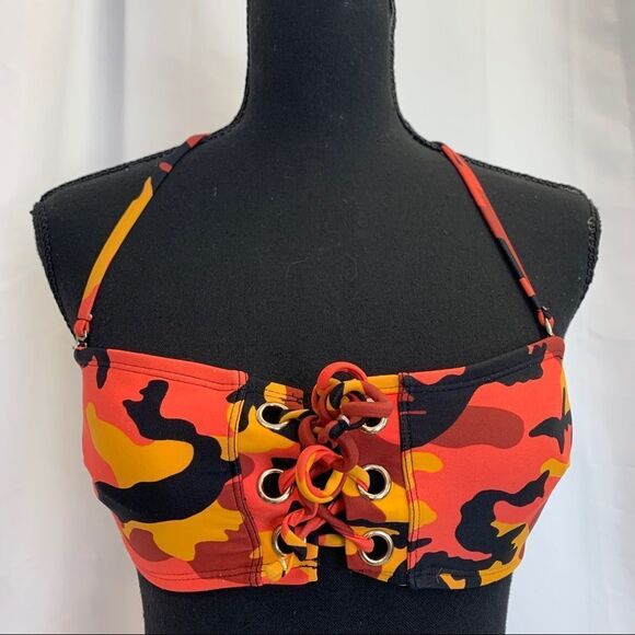 Malibu dream girl orange camo eyelet Lace-up bandeau bikini top Sz S NWOT - Picture 7 of 12